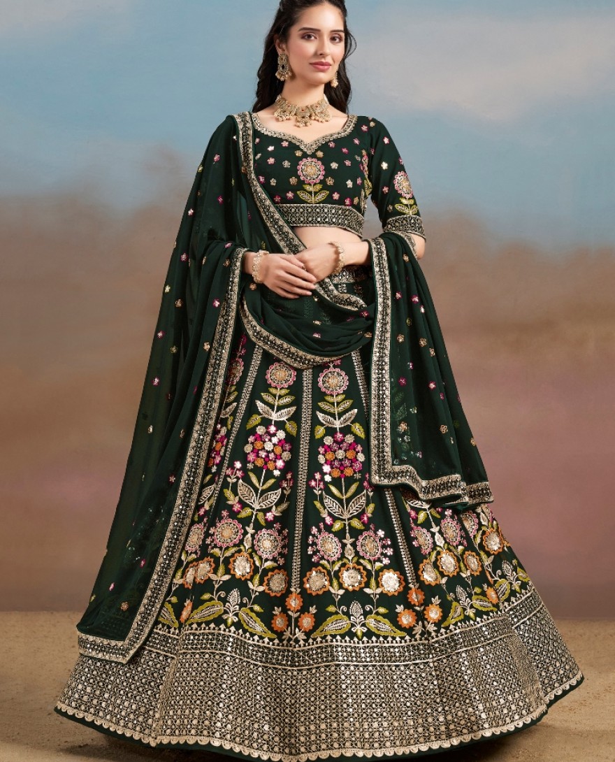 6008-GREEN - Stunning Green Thread Work Georgette Engagement Wear Lehenga With Blouse